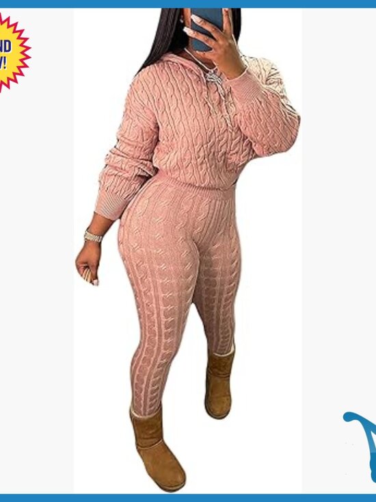 Pants - Cable Knit Sweater Set with Hooded Crop Top and High Waist Pants